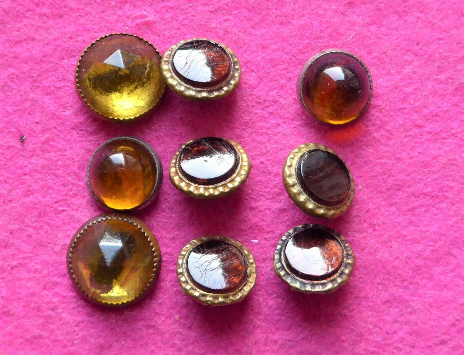 9 COLLECTABLE VICTORIAN vintage METAL buttons - amber/brown GLASS INSERTS (67)