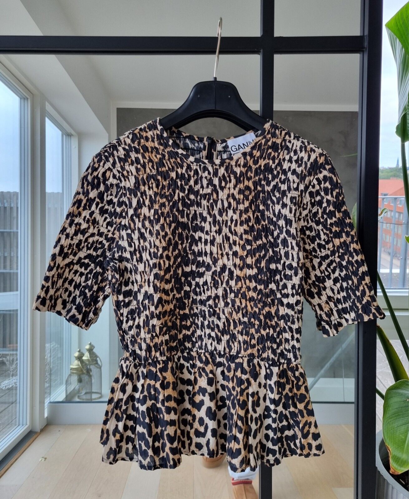 **GANNI** Brown Leopard Print Smock Blouse Top Size 36