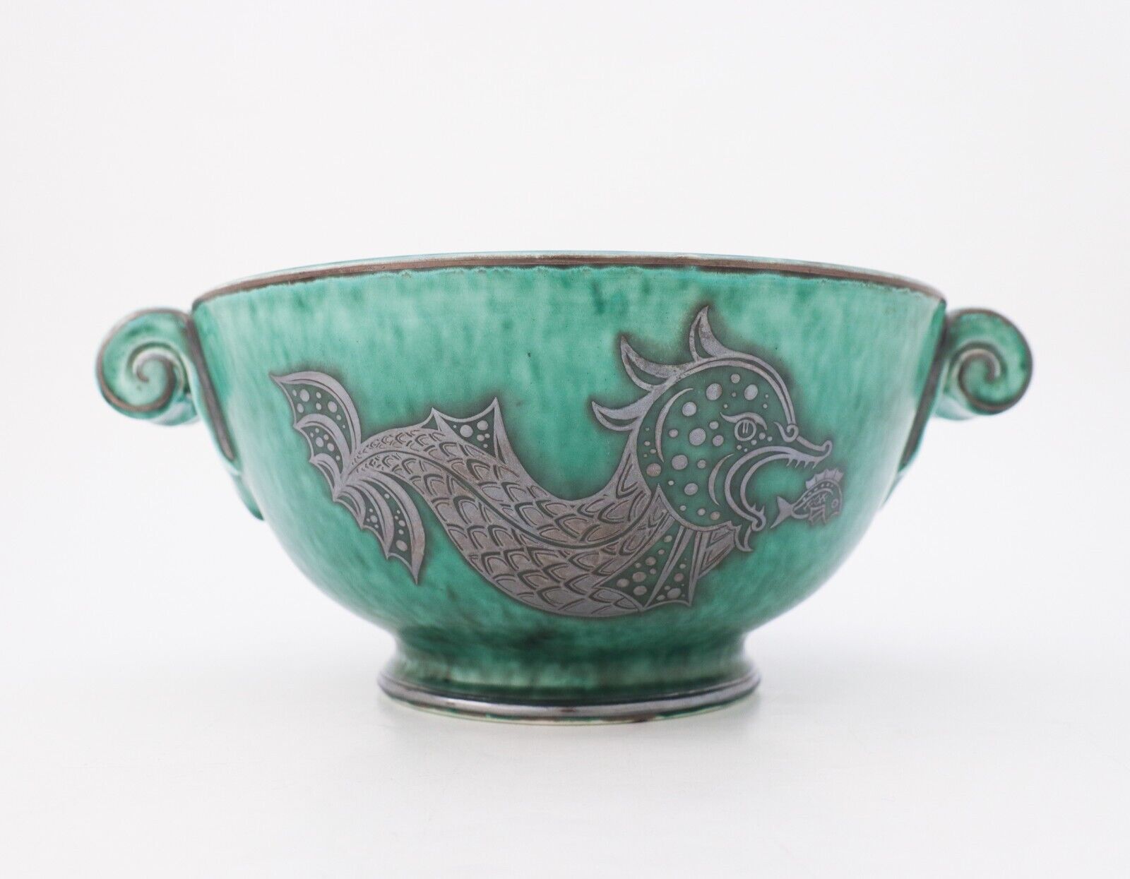 LARGE GREEN CERAMIC BOWL ARGENTA #901 - WILHELM KÅGE - GUSTAVSBERG DRAGON