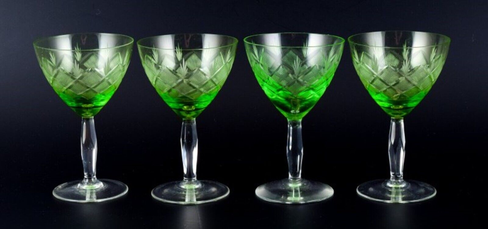 "Wien Antik" Lyngby Glas Denmark Four green white wine glasses 1930/40s