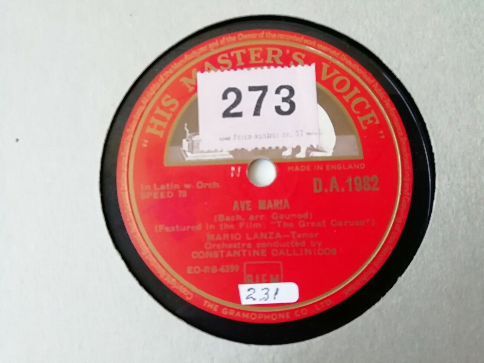 78 rpm :Mario LanzaAve MariaBecause His Master's Voice DA1982