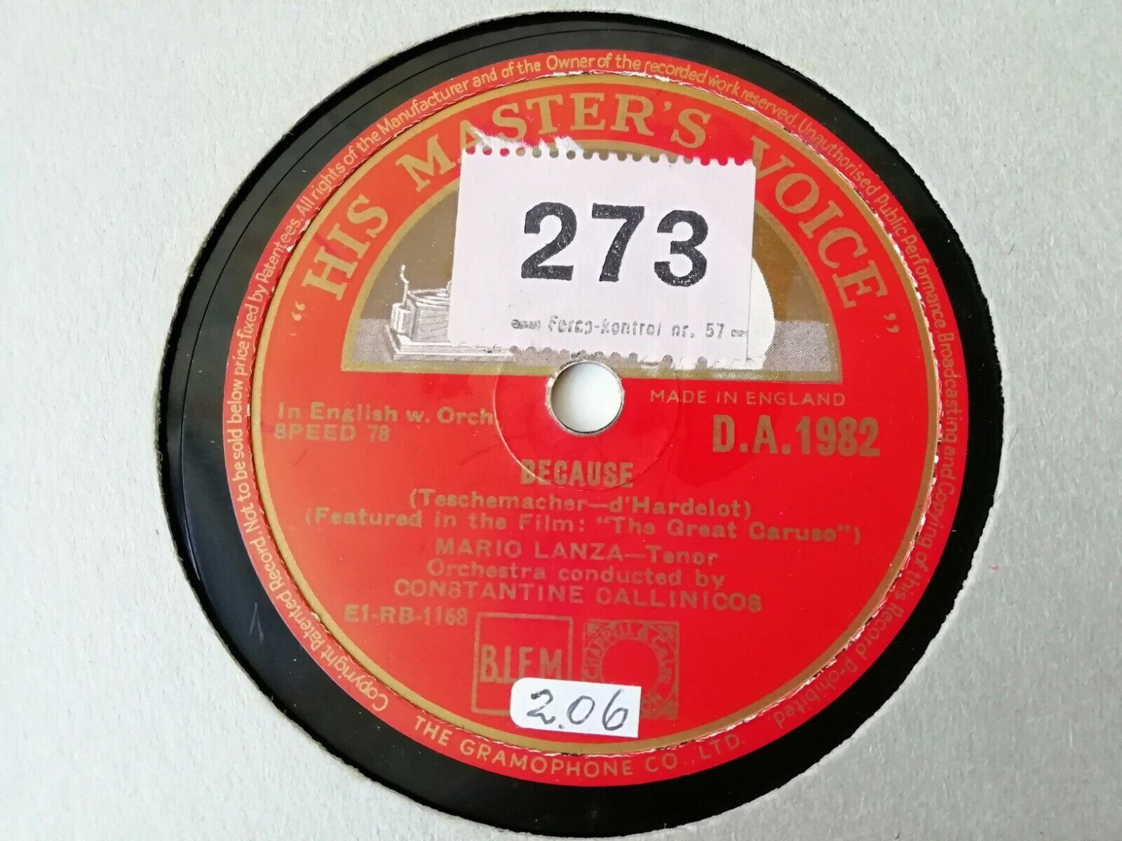 78 rpm :Mario LanzaAve MariaBecause His Master's Voice DA1982