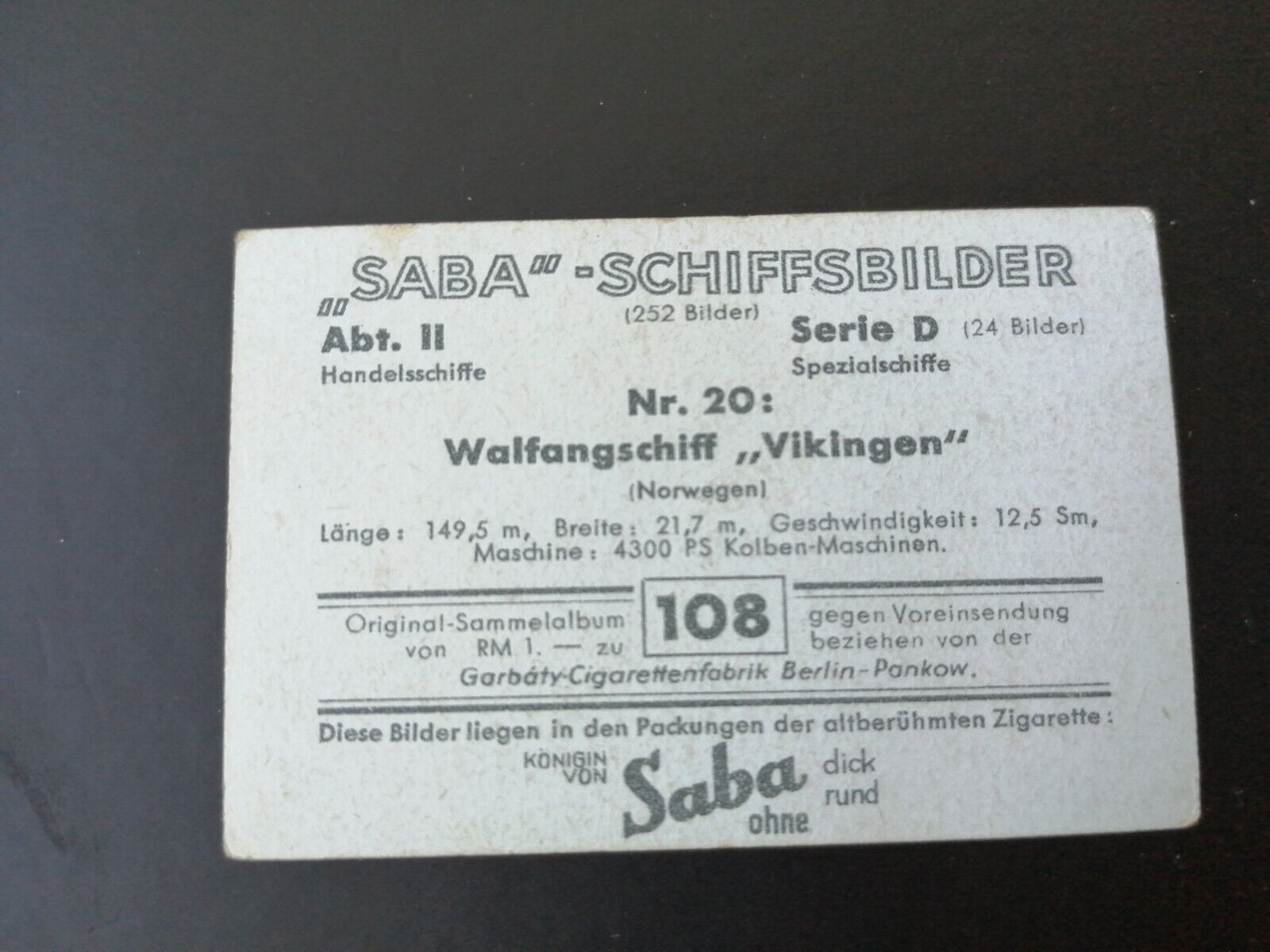 German SABA tobacco ship trading card 1931-33No 108"Vikingen" Whale ship