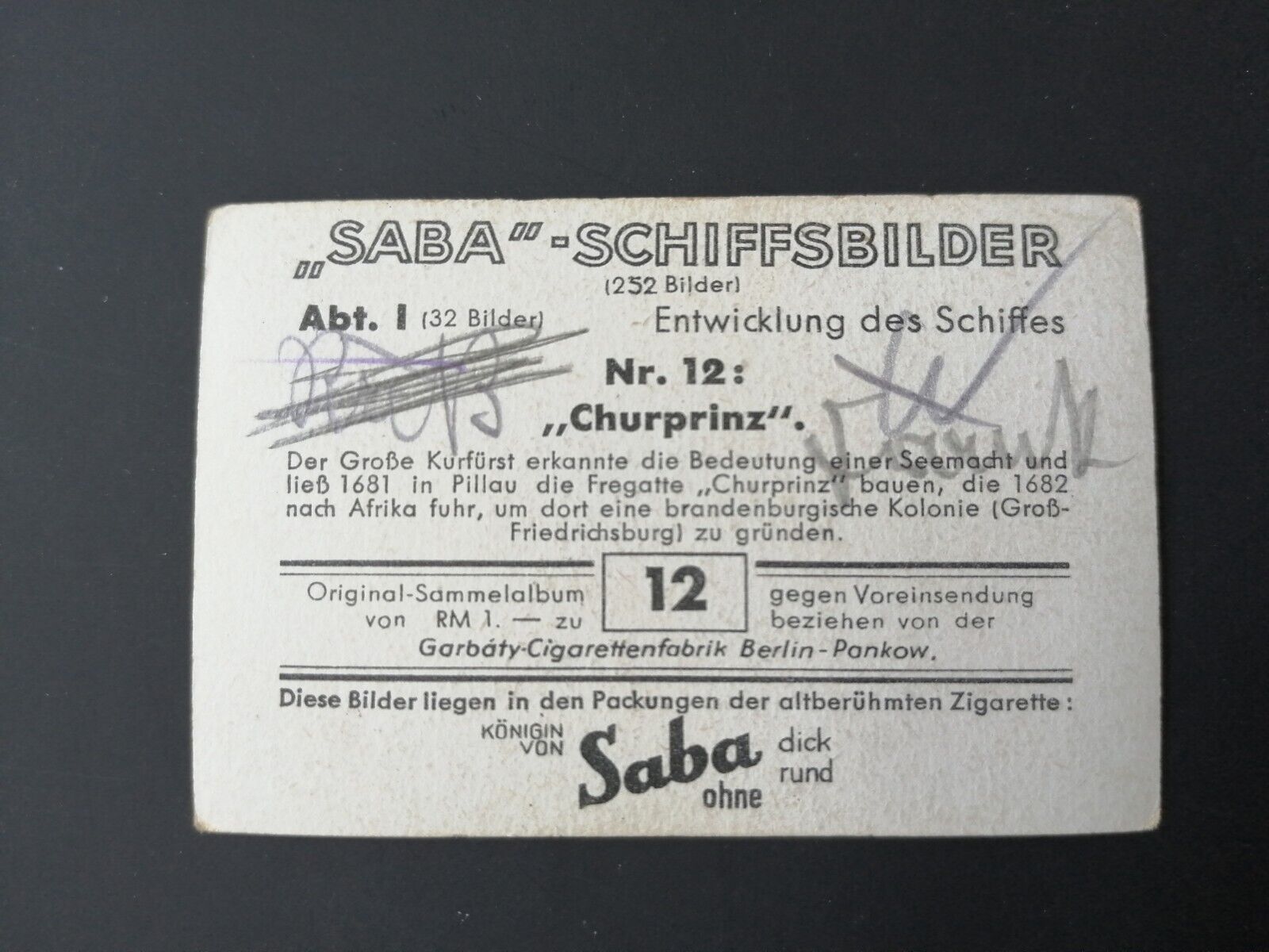 German SABA tobacco ship trading card from 1931-33No 12"Churprinz"