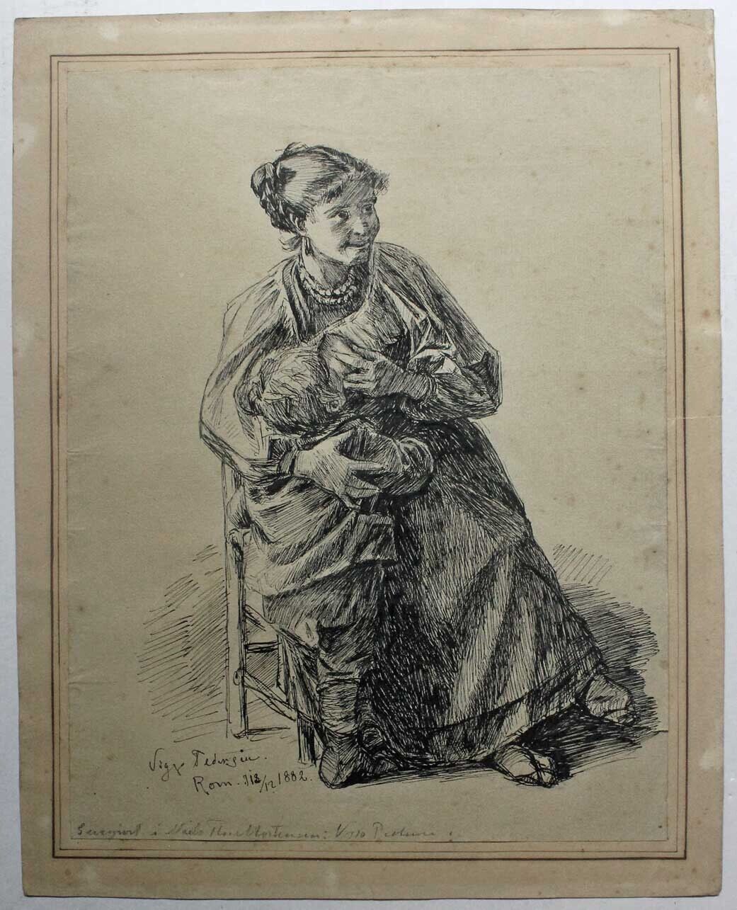 Viggo Pedersen ink drawing Italian mother with her child Rome December 1882