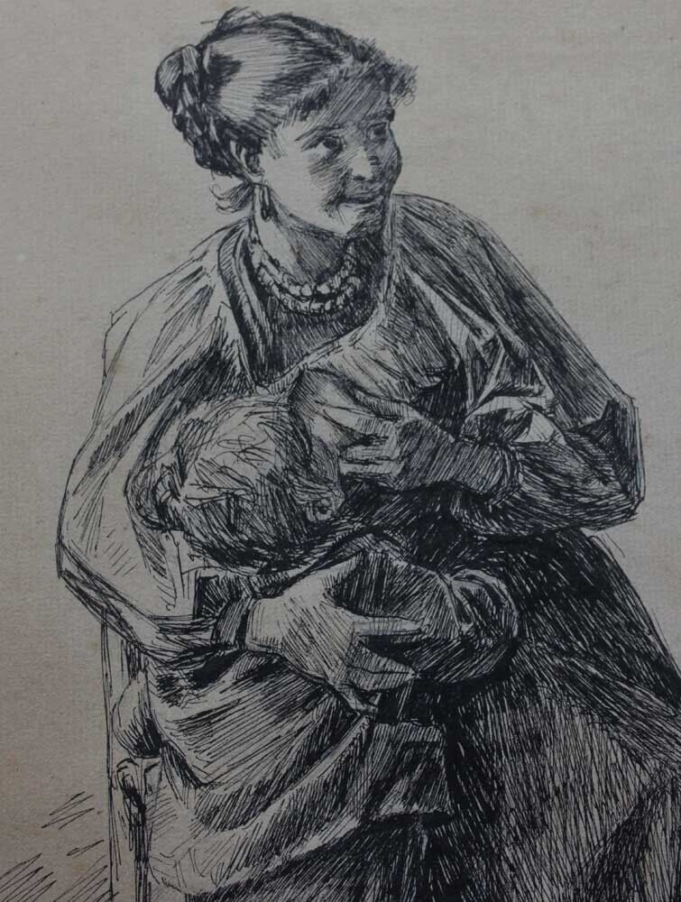 Viggo Pedersen ink drawing Italian mother with her child Rome December 1882