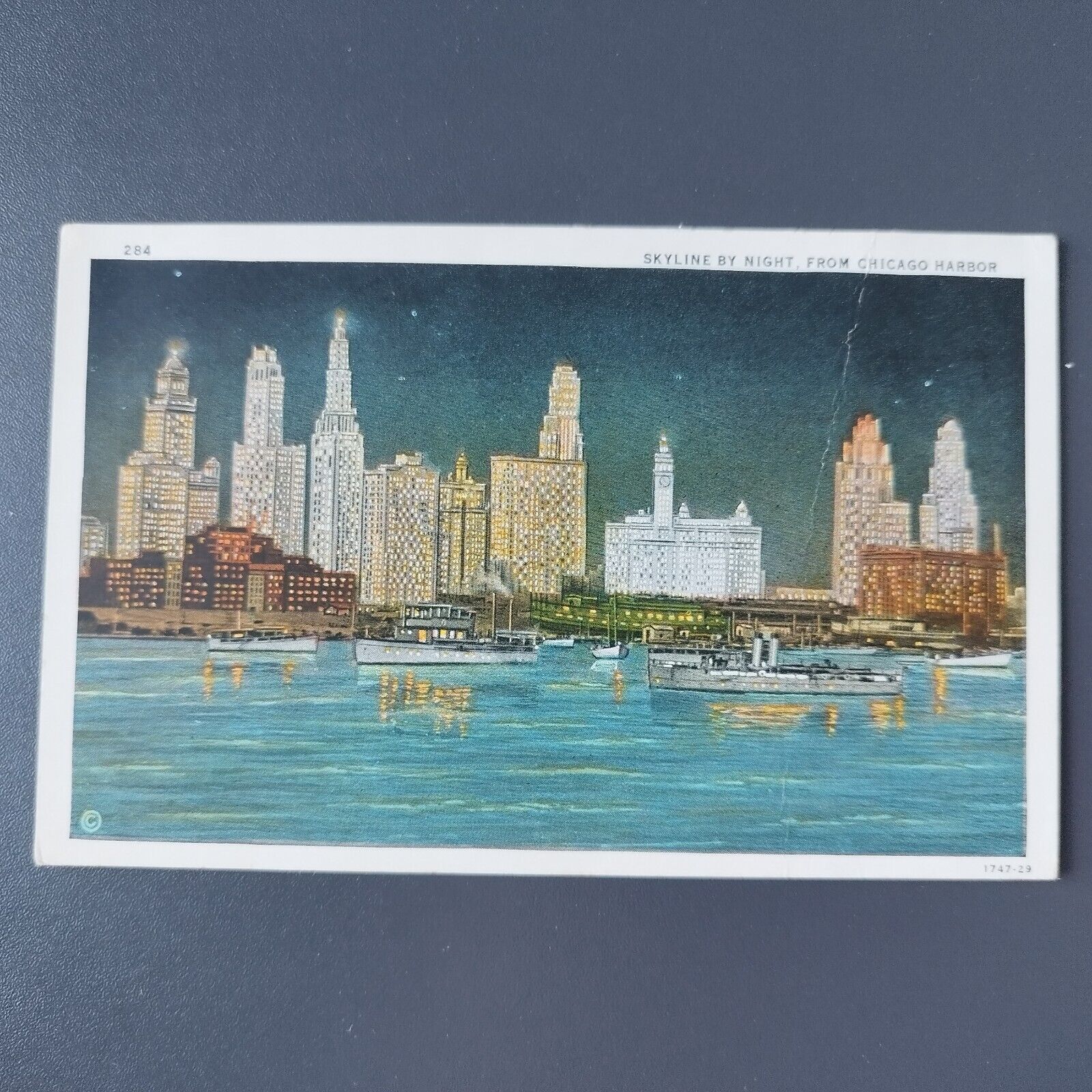 Illinois Skyline by Night From Chicago Harbor 1933