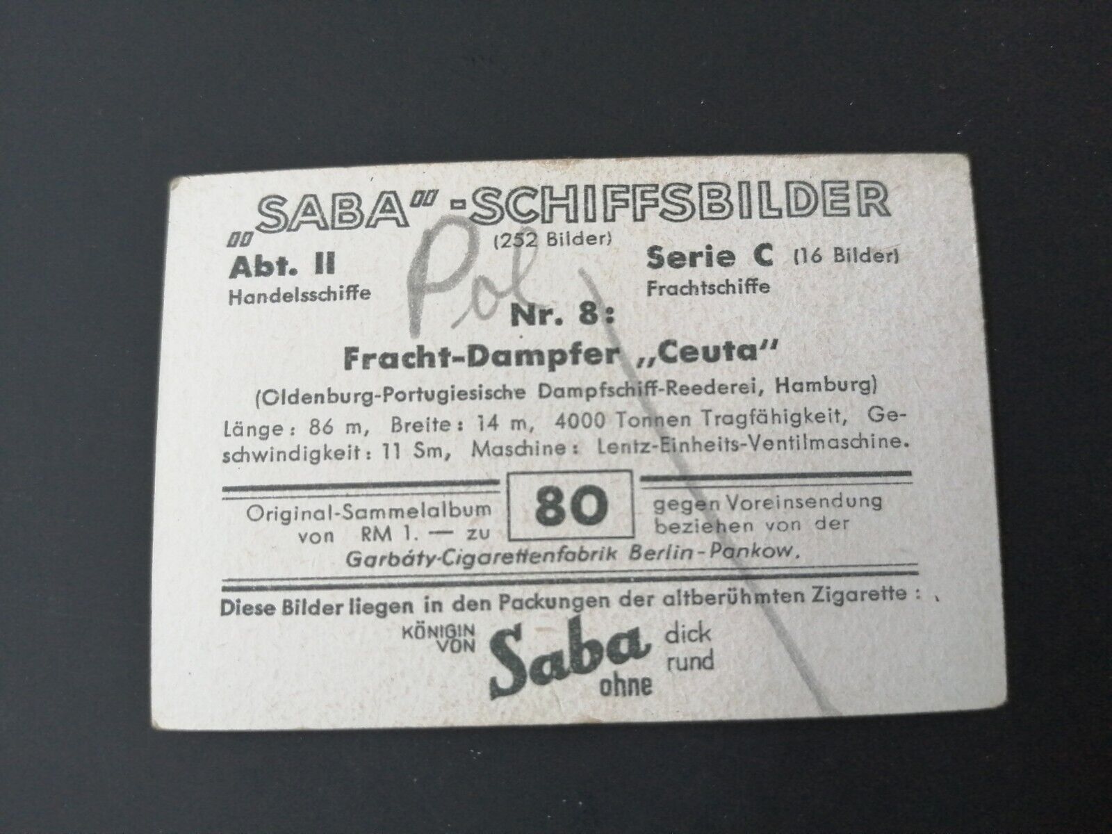 German SABA tobacco ship trading card 1931-33No 80 "Ceuta" Hamburg