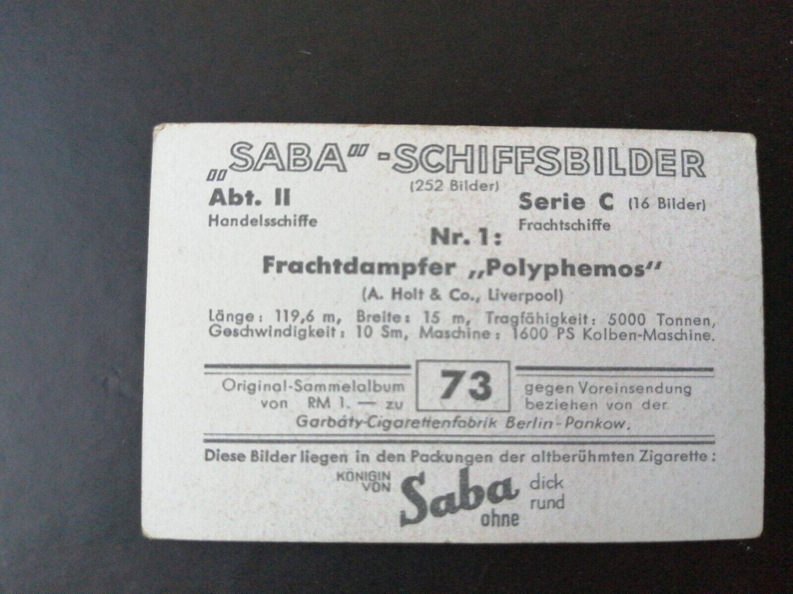 German SABA tobacco ship trading card 1931-33No 73 " Polyphemos" Liverpool