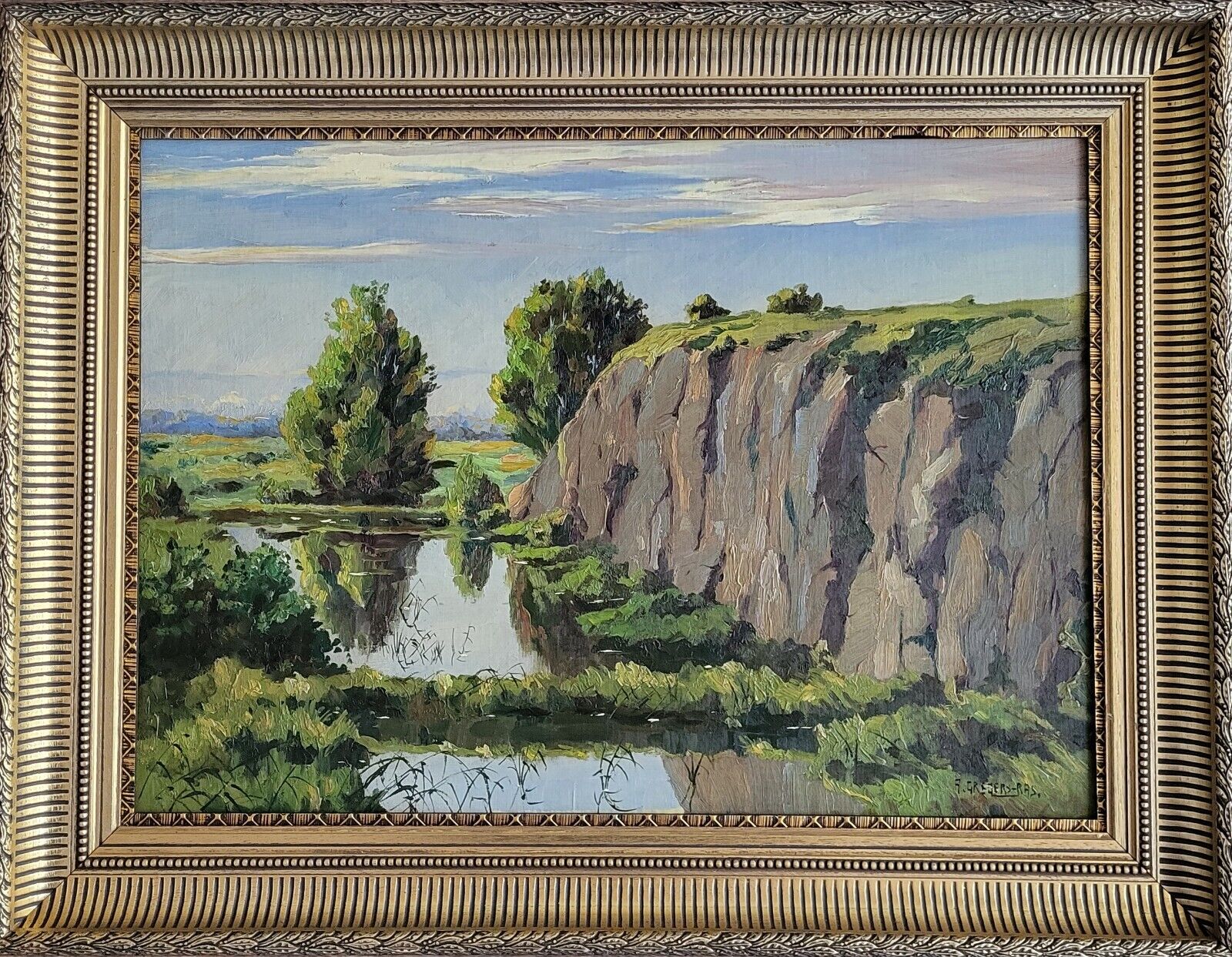 Oil painting Alfred Gregers-Rasmussen(1904-1994): “Lakeside cliffs”