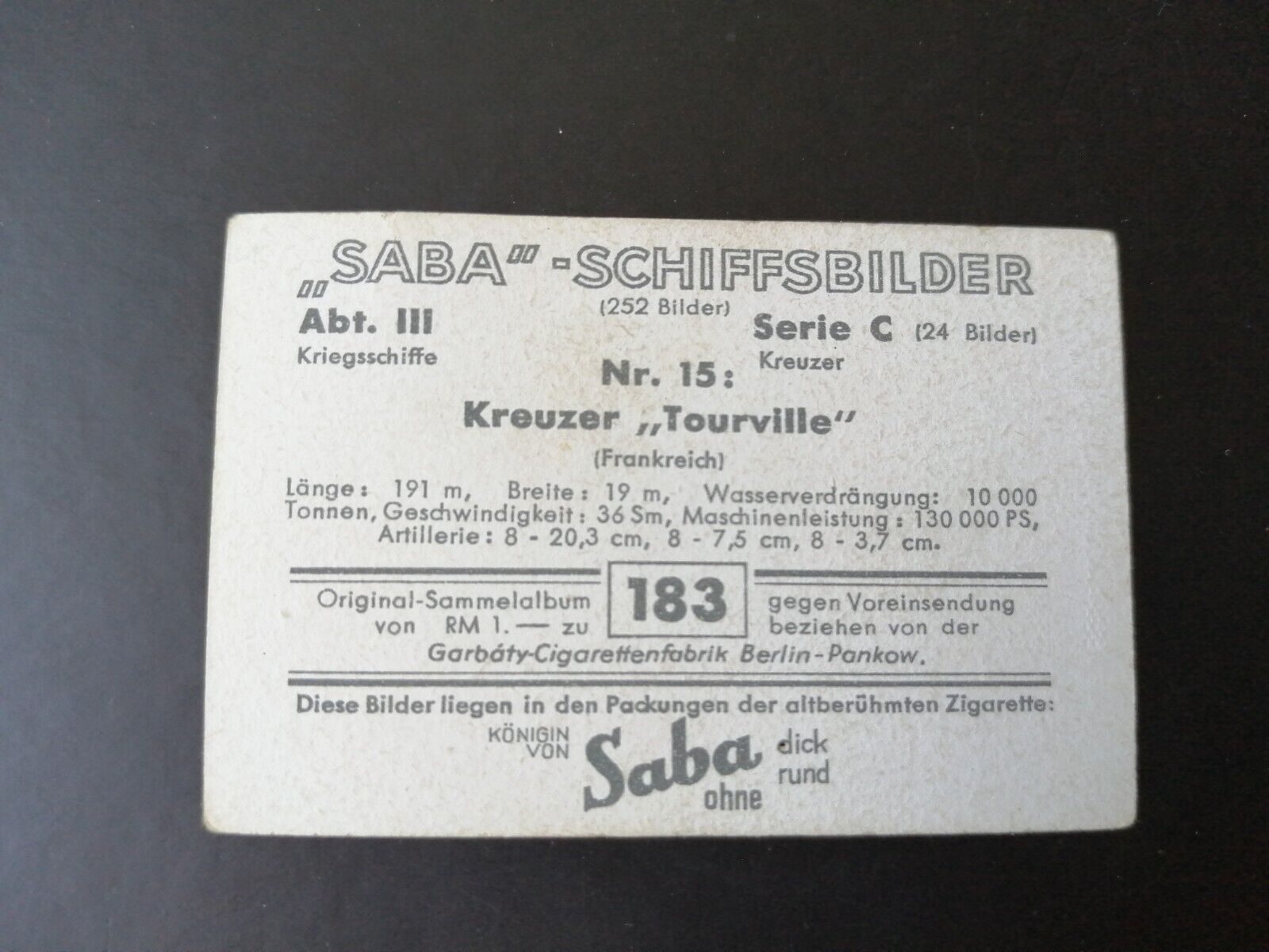 German SABA tobacco ship trading card 1931-33No 183"Tourville" France