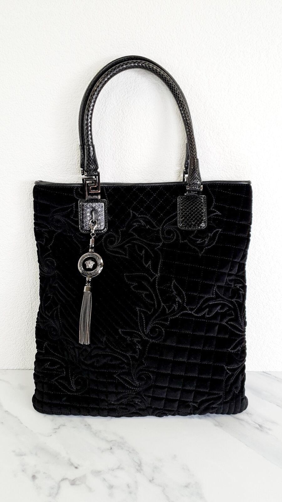 Versace Vanitas Baroque Quilted Velvet Tote Snakeskin Black Shoulder Bag Medusa