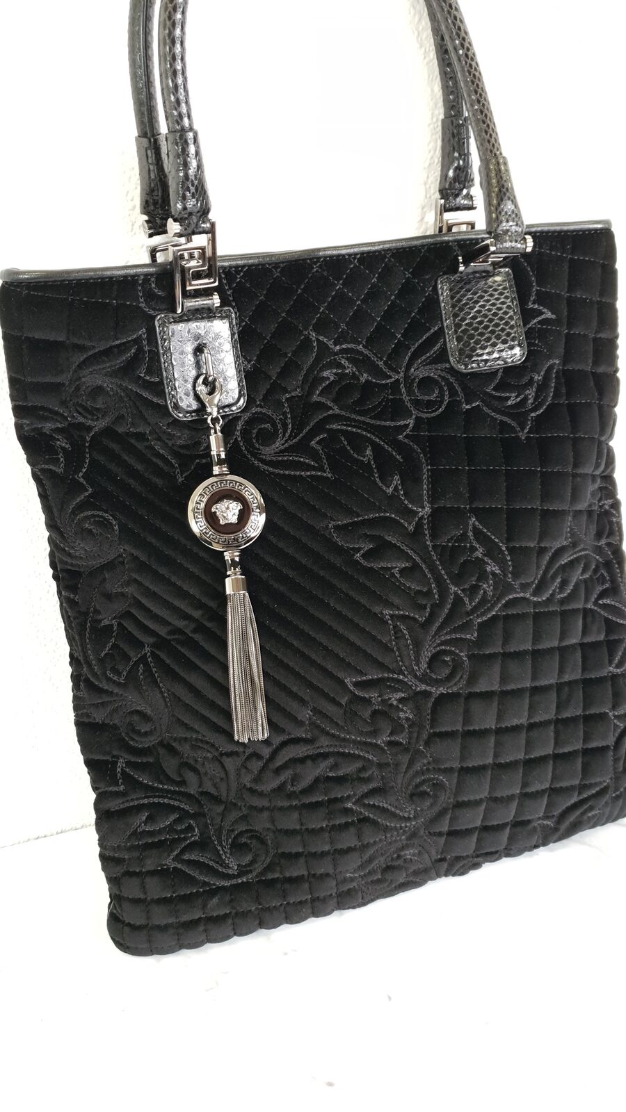 Versace Vanitas Baroque Quilted Velvet Tote Snakeskin Black Shoulder Bag Medusa