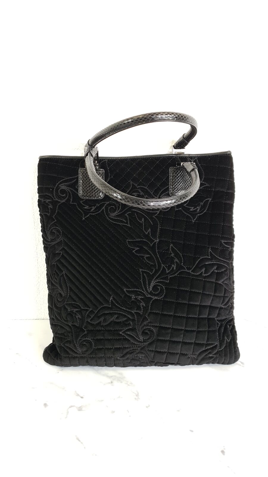 Versace Vanitas Baroque Quilted Velvet Tote Snakeskin Black Shoulder Bag Medusa