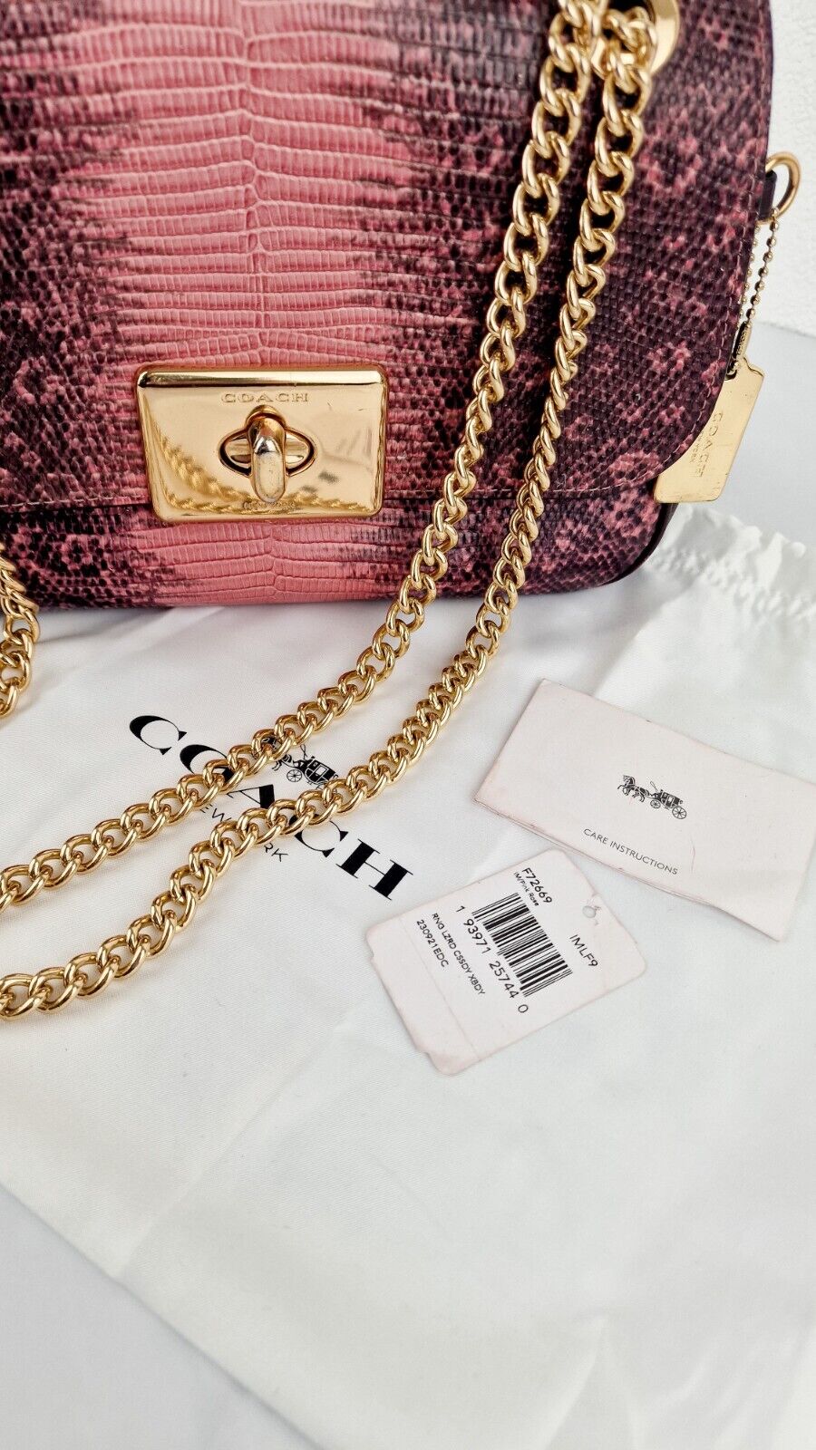 Coach Cassidy Crossbody Bag Pink Lizard Embossed Leather Gold Turnlock F72669