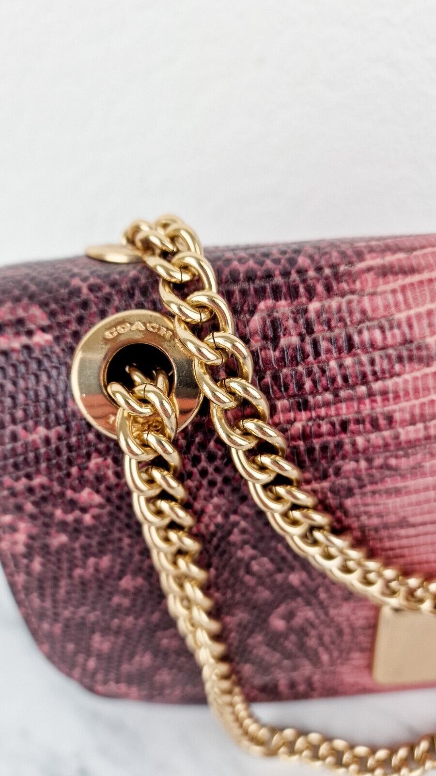 Coach Cassidy Crossbody Bag Pink Lizard Embossed Leather Gold Turnlock F72669