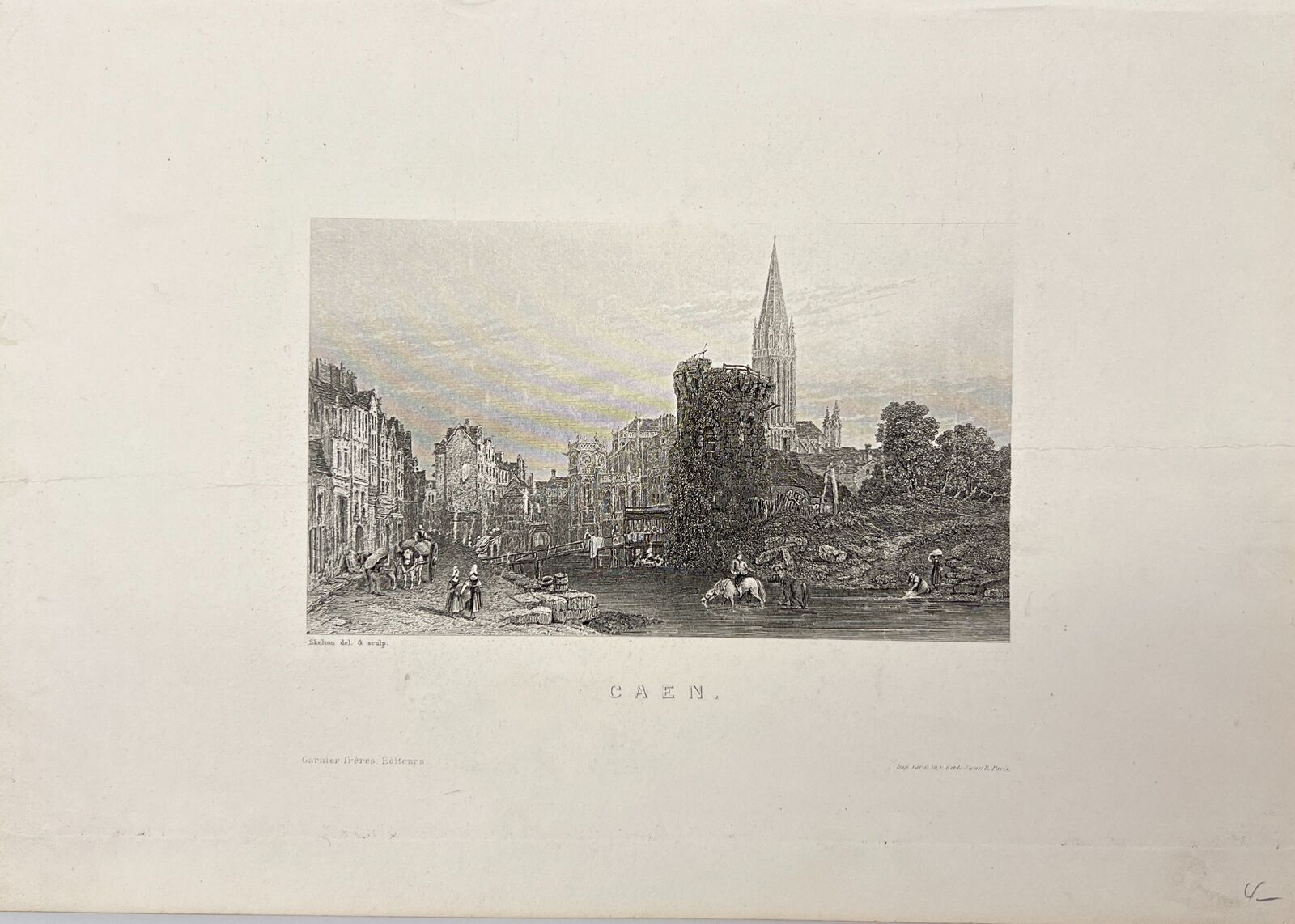 Original Antique Engraving - Carl Joseph Meyer - View of Caen in France - E5