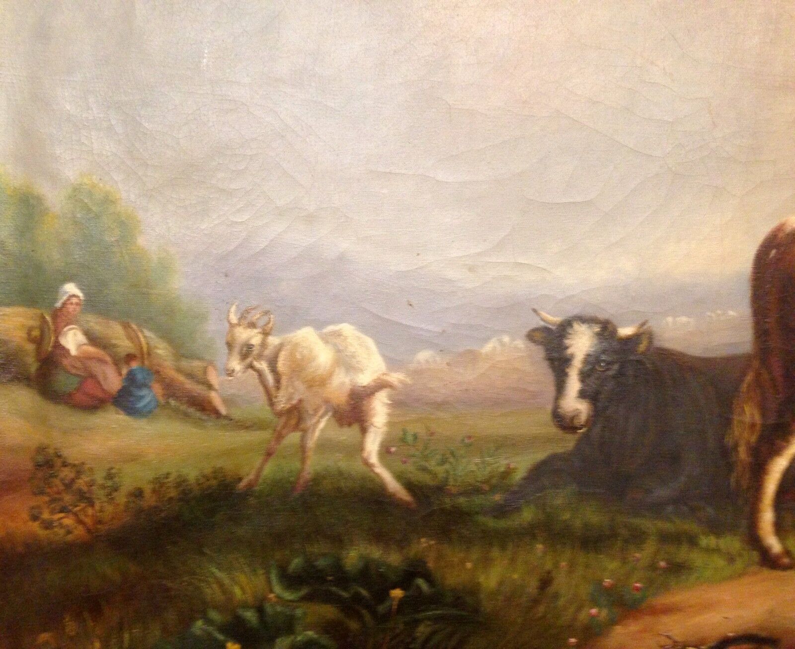 PASTORAL SCENE WITH COWS GOAT DOG AND GIRL