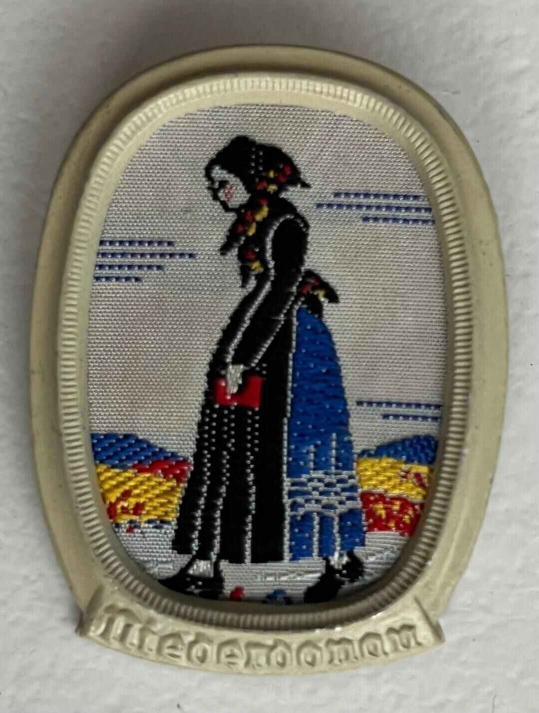 Lower Danube badge pin woman in folk costume folklore badge with woman in costume