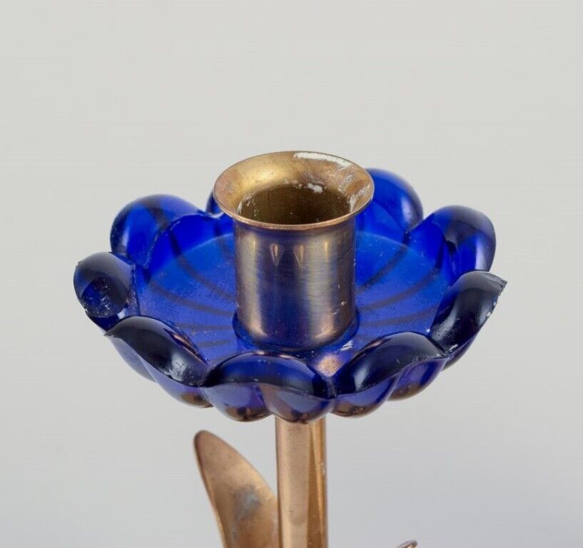 Gunnar Ander for Ystad Metall Candlestick holder in brass and blue art glass