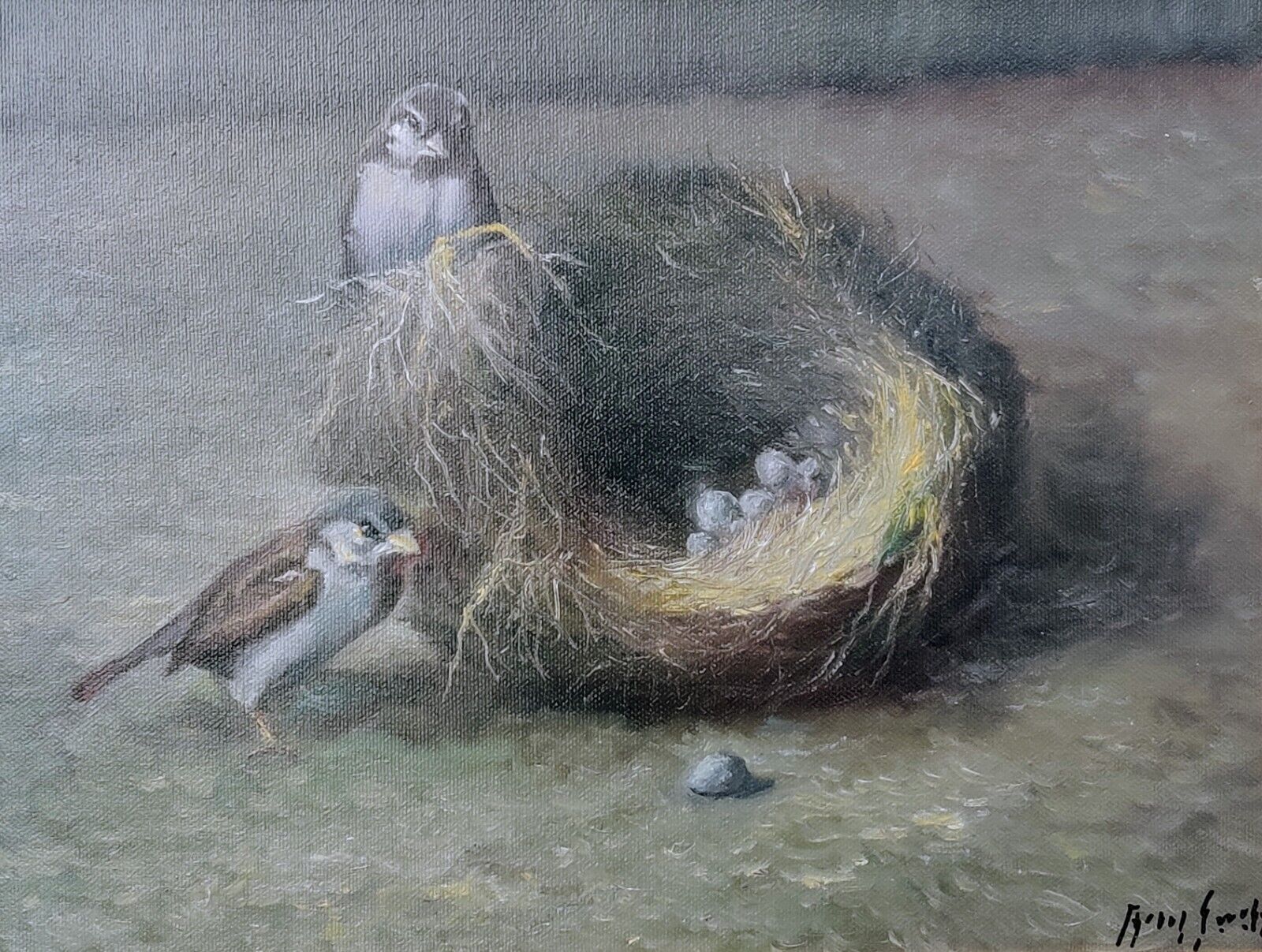 TWO SPARROWS AND THEIR NEST PROBLEM original oil painting