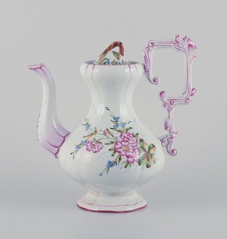 Large coffee pot in faience Motifs of flowers and insects Style of Emile Gallé