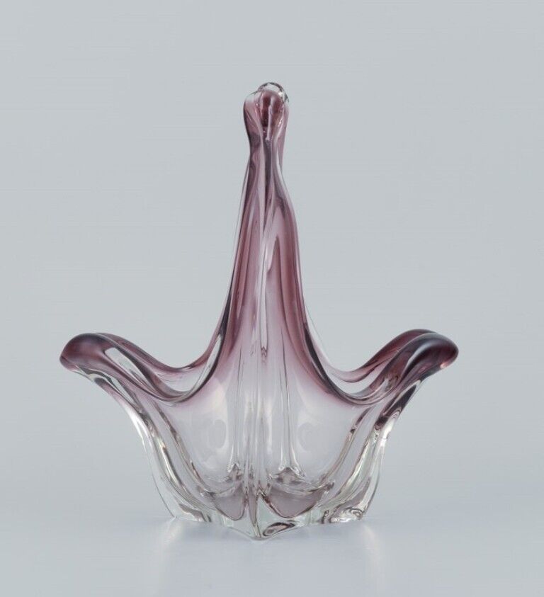 Murano Italy Large art glass basket Clear and violet glass