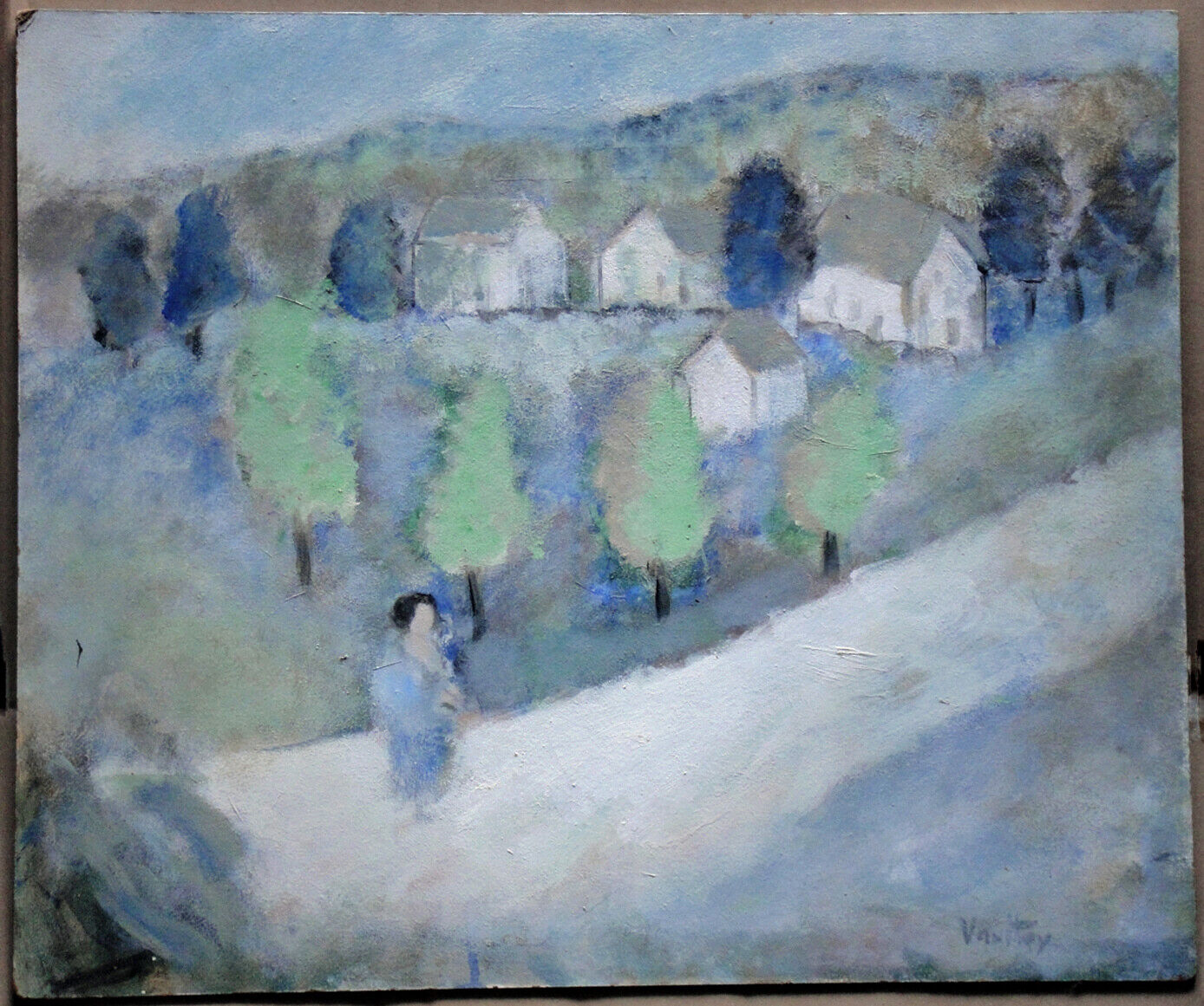 Pierre Vauthey French artist Figure on a village road 1980s