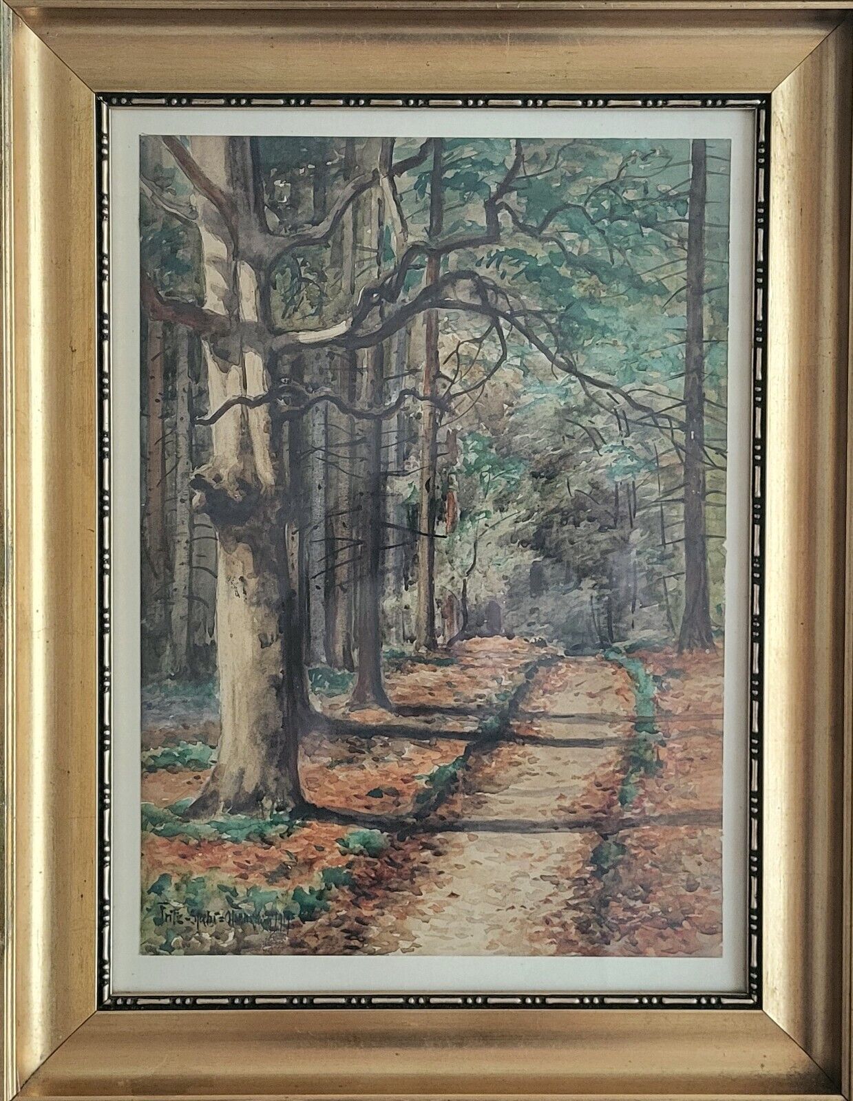Antique watercolor Fritz Staehr-Olsen(1858-1922): ”Autumn trail” (1919)