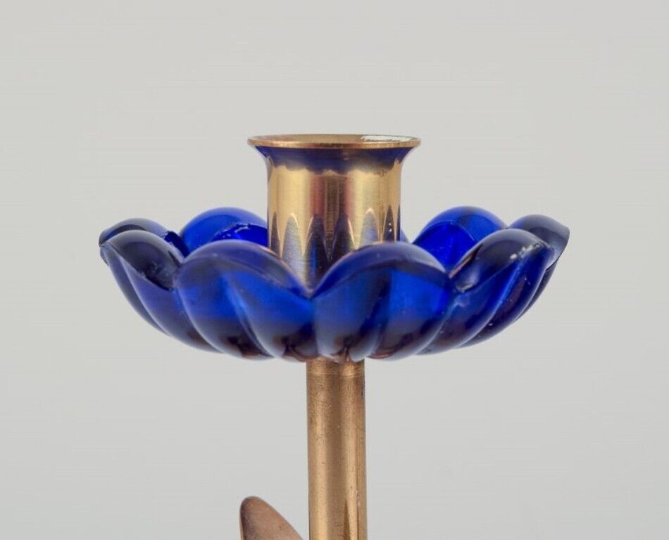 Gunnar Ander for Ystad Metall Candlestick holder in brass and blue art glass