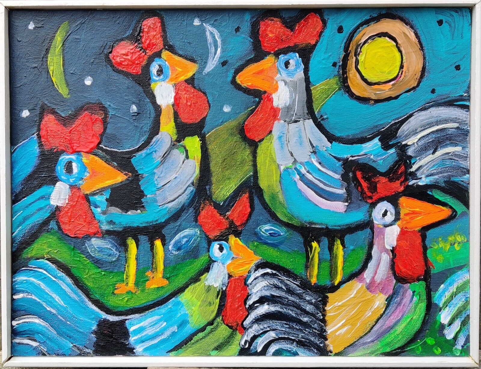 ROOSTERS original oil painting low shipping!!!