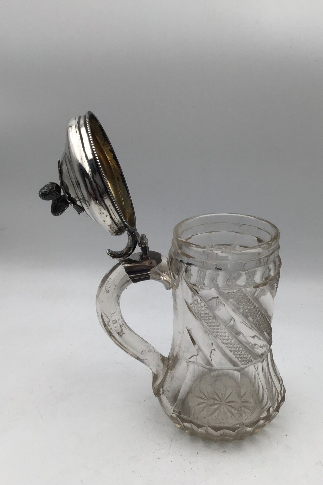 Glass Beer Mug with Silver Mounted Ornamental Lid