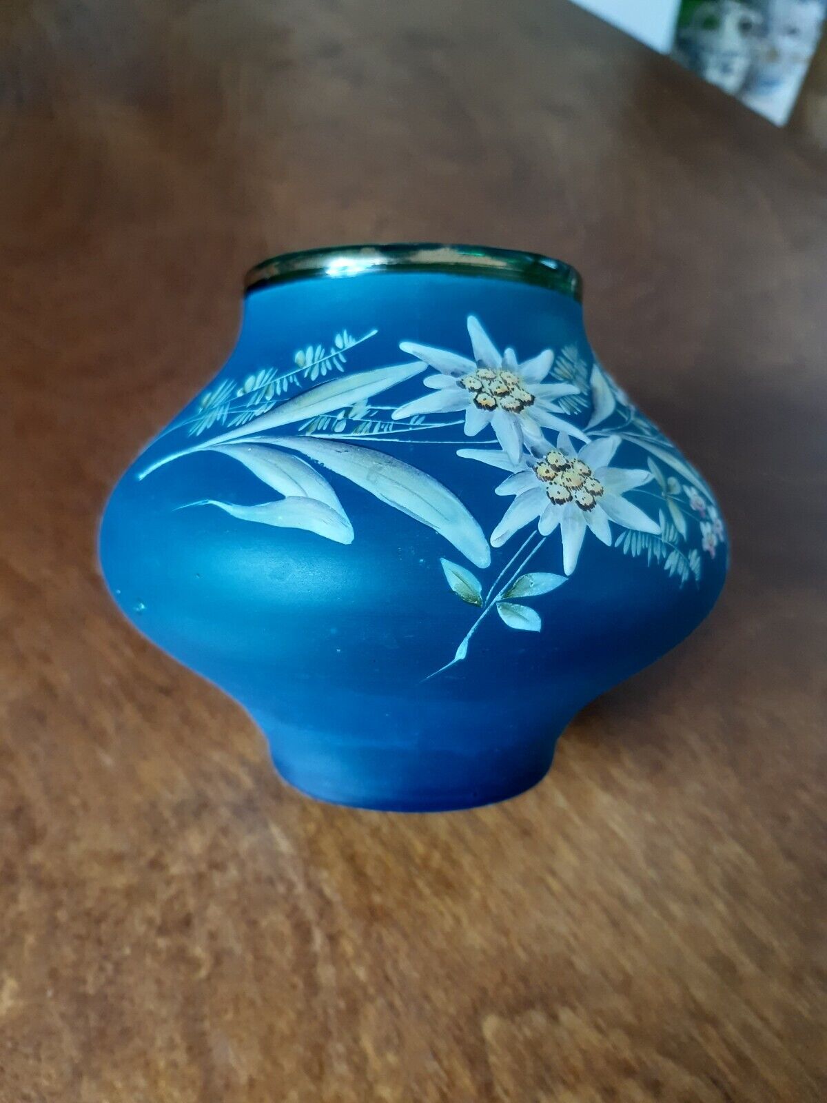 Art Nouveau blue green glass vase with enamel flowers Probably Bohemia