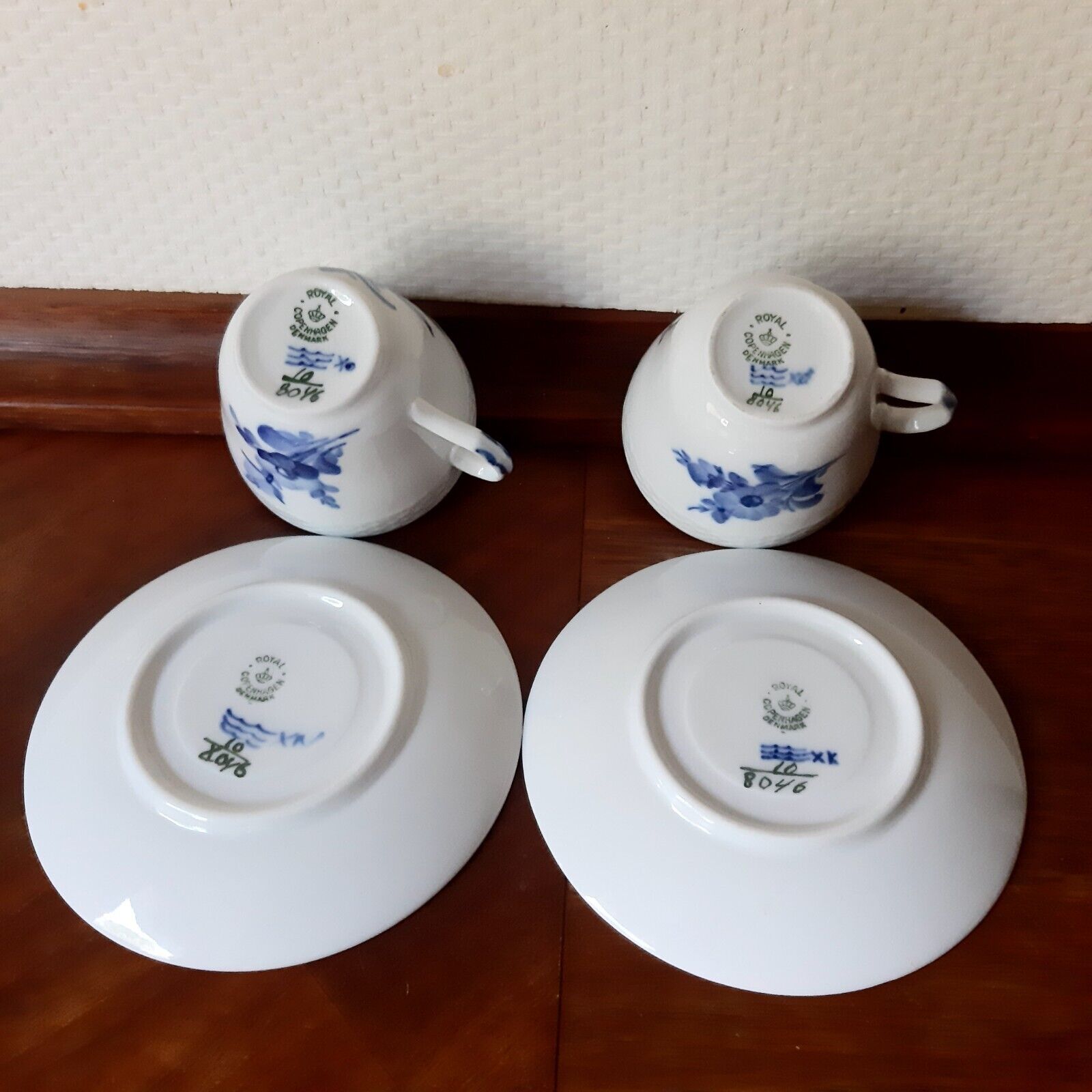 2 x ESPRESSO SETS BLUE FLOWER Braided  # 10- 8046 Royal Copenhagen 1956  1958 1