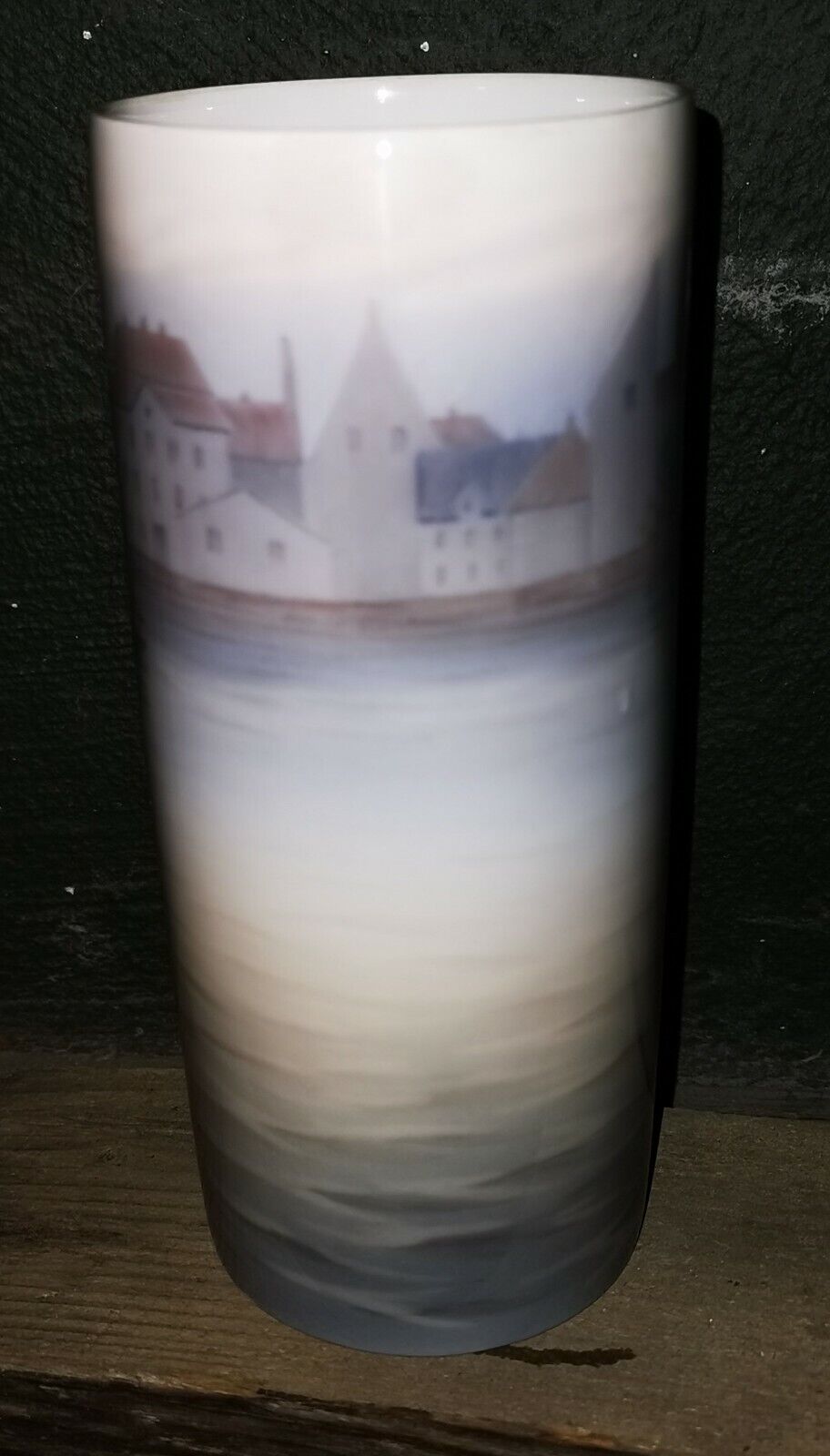 Vintage cylindrical BG porcelain vase with Copenhagen Harbor motif c 1920