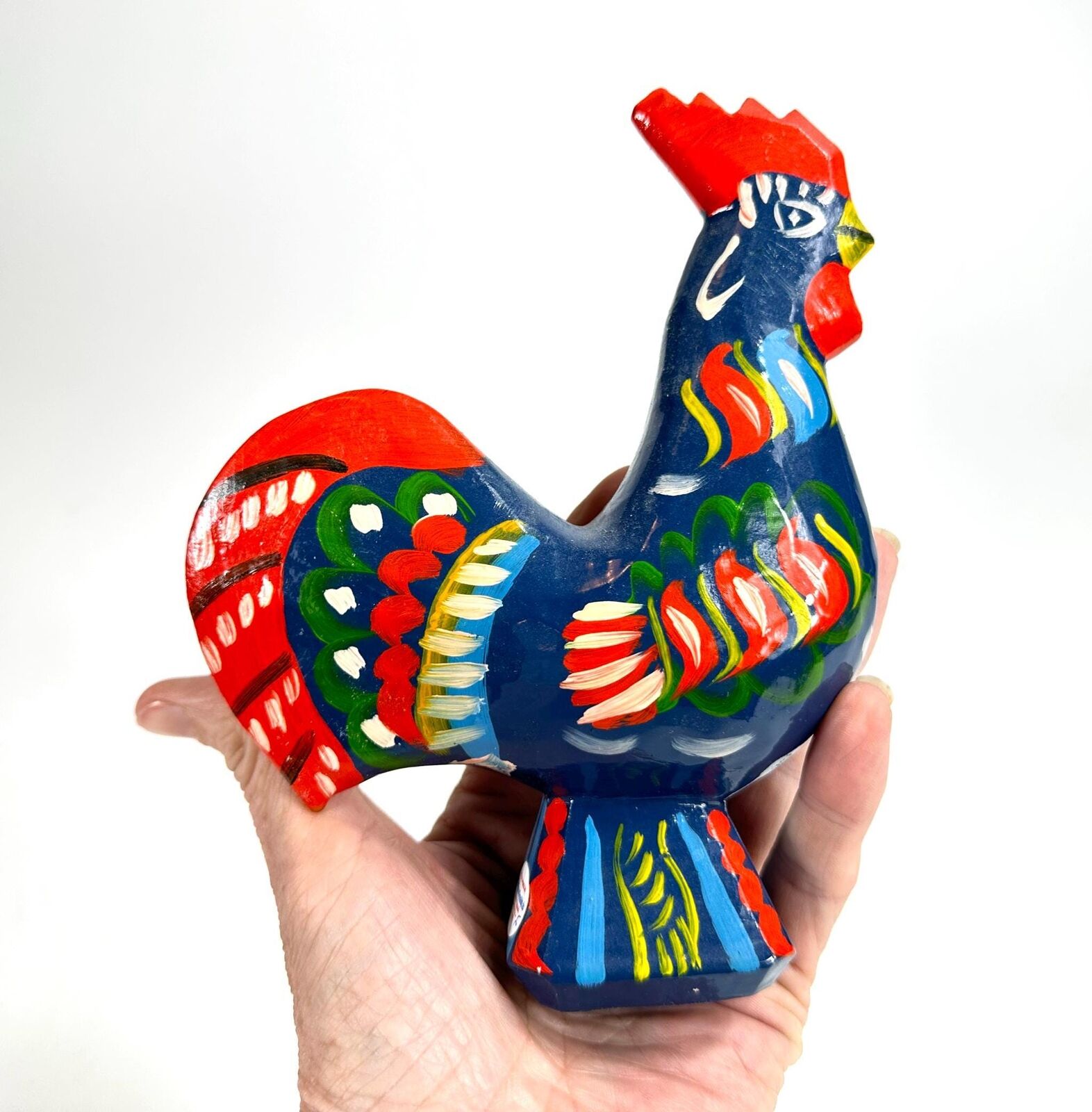 Large Vintage Dala Wooden Rooster by Nils Olsson - Original Traditional Blue