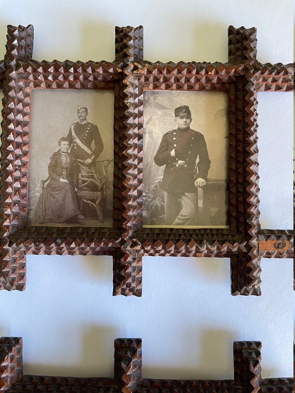 2 X Antique Vintage Tramp Art Folk Art Frame with Army Men