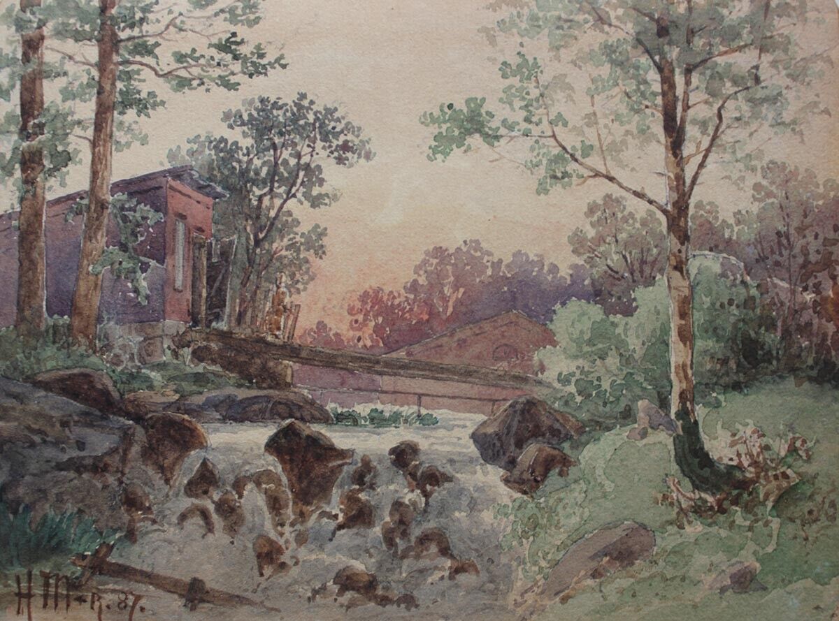 Antique watercolor Landscape by a stream 1887 Henry Macbeth-Raeburn?