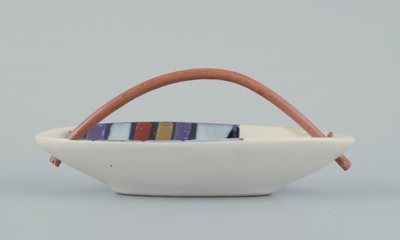 Roger Capron for Vallauris Modernist ceramic bowl with a bamboo handle