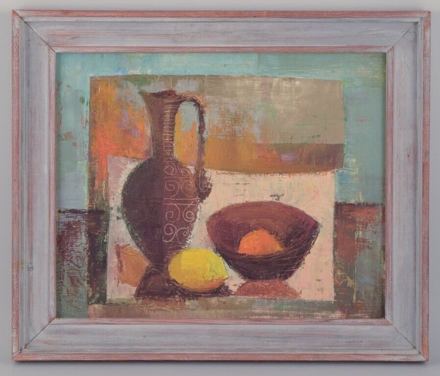 Swedish artist Oil on board Modernist still life with a pitcher and lemon