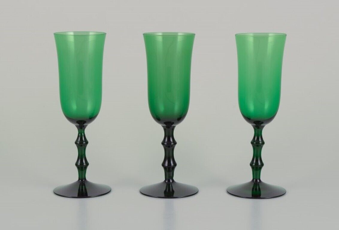 Simon Gate for Orrefors Sweden Three "Salut" champagne glasses in green glass