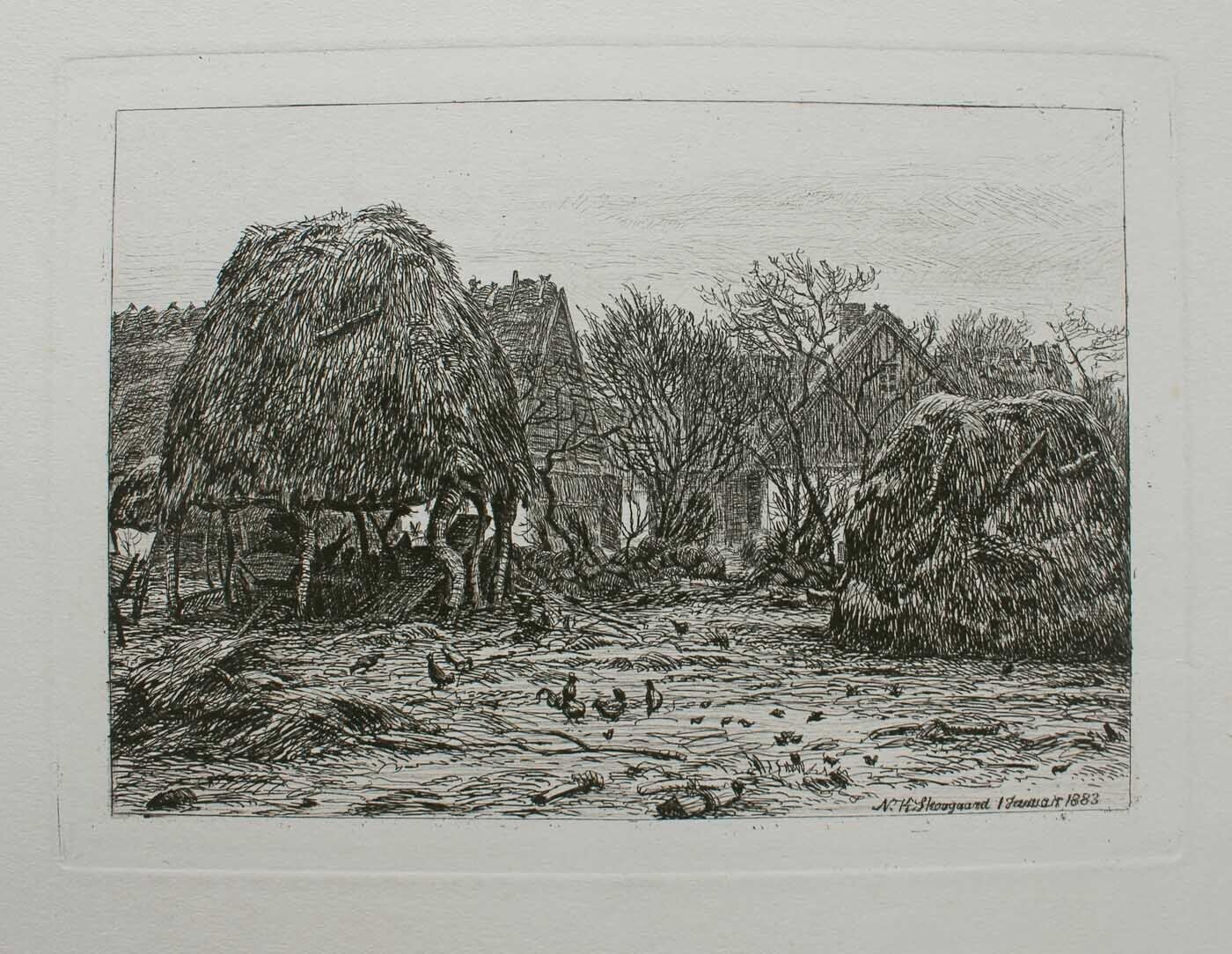 Niels Skovgaard etching Danish farmhouse with chickens Dated January 1883