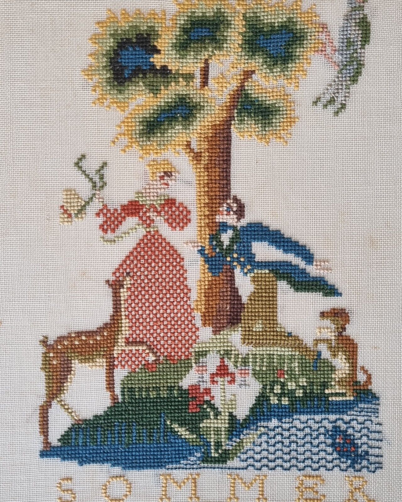 Vintage DANISH needlework Four Seasons midcentury c 1950 semi antique