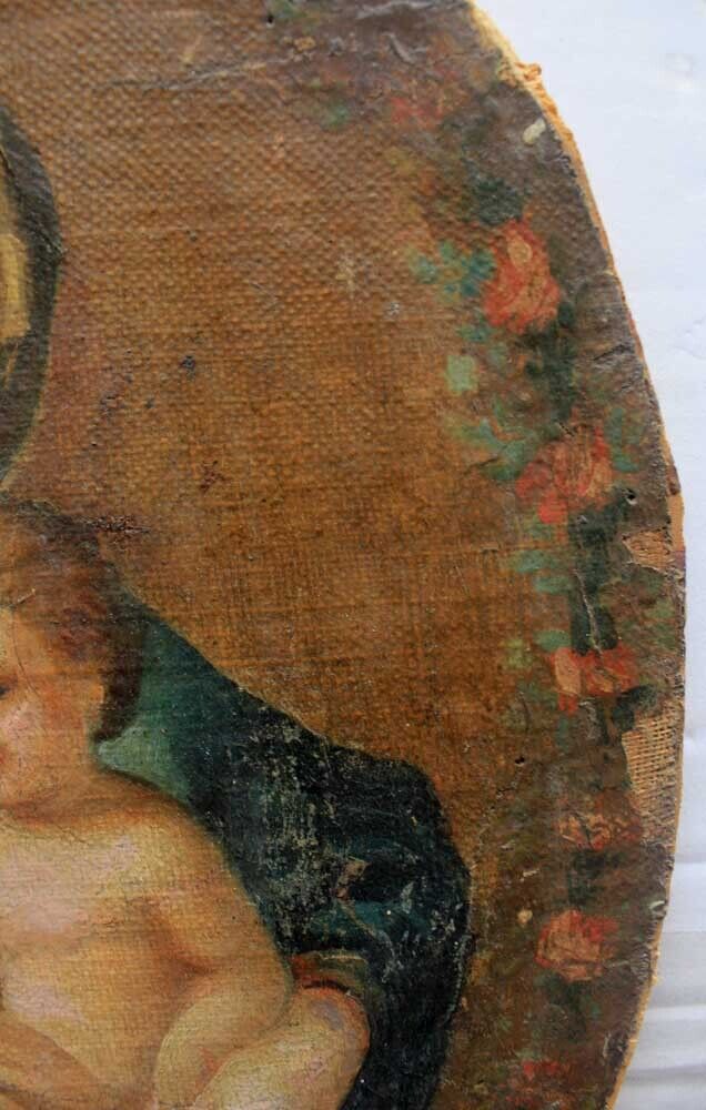 Antique painting Madonna and child with floral wreath Italian school 1800s