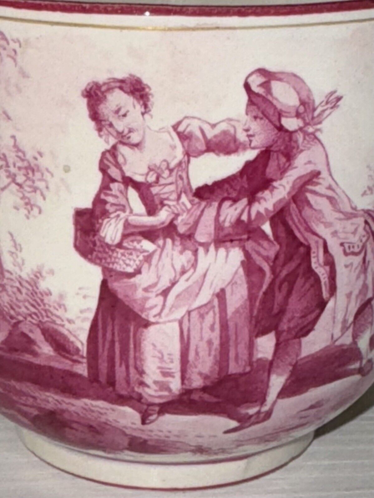 Charming Antique Cup And Saucer With Purple Romantic Scene England c 1800