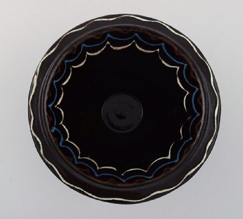 Kähler Denmark Bowl in black glazed ceramics with blue and white waves