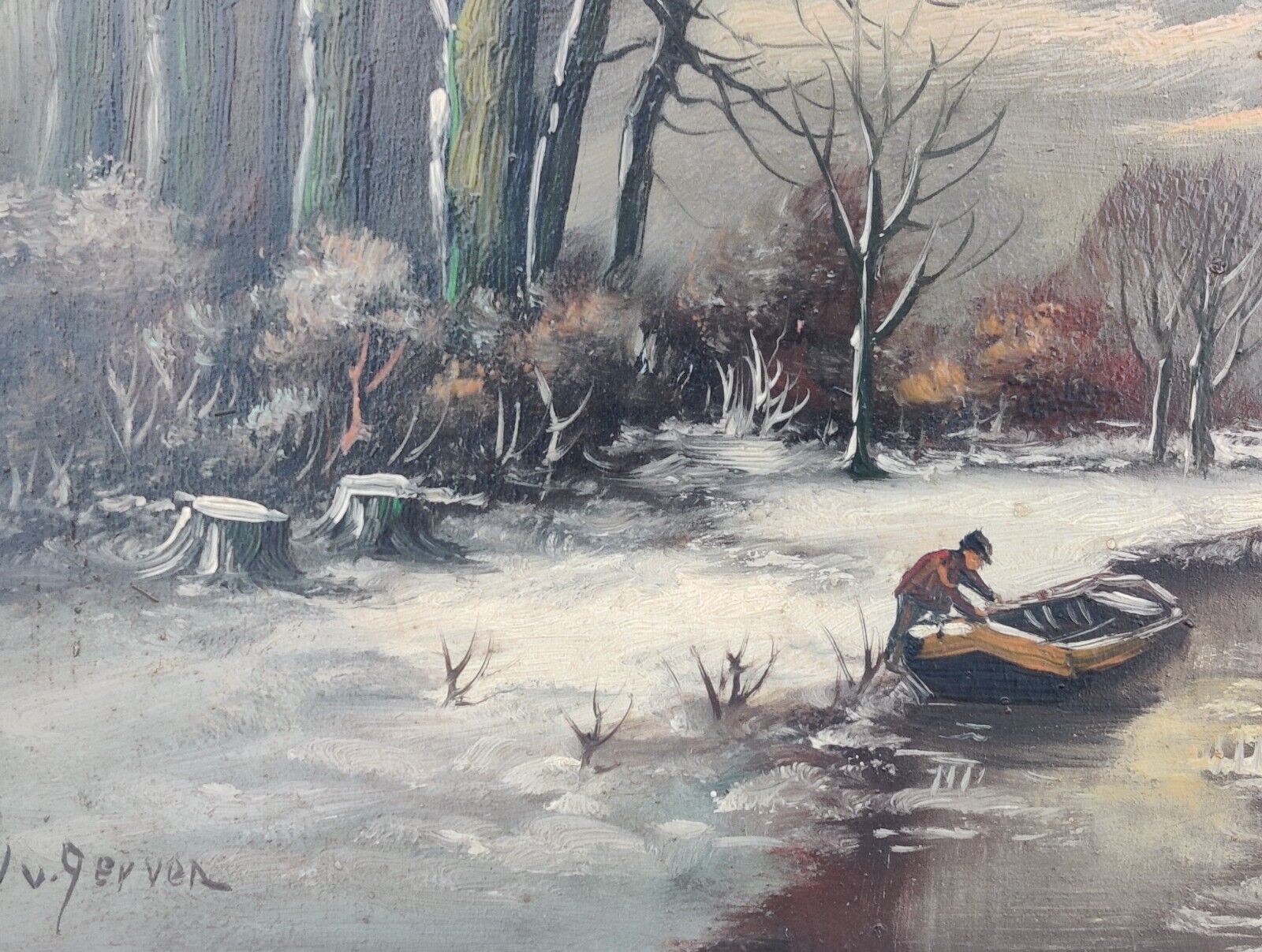 GONE WINTER FISHING original vintage oil painting