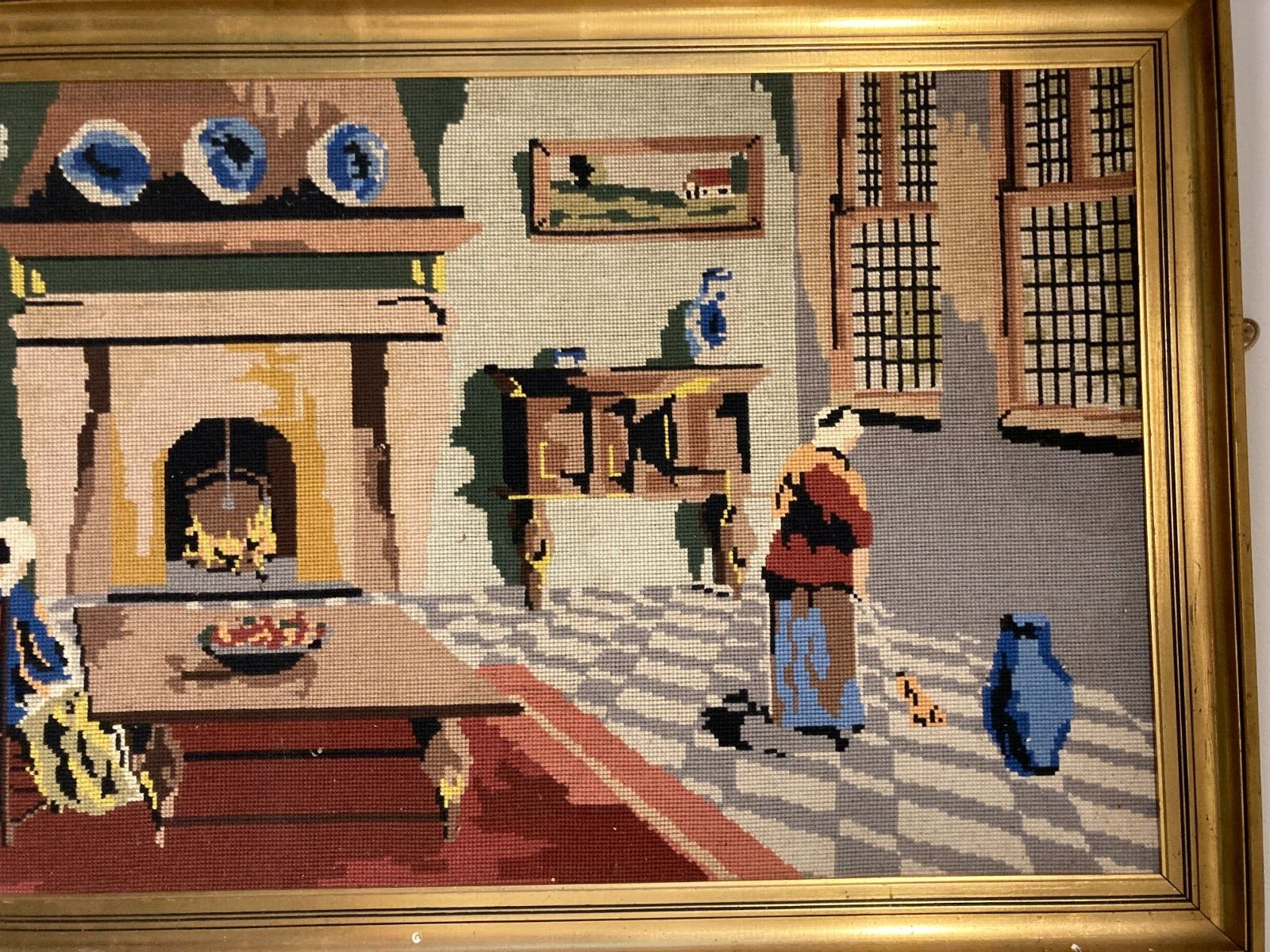 Danish Cross-Stitch Artwork Interior Scene w Cozy Fireplace W125cm L58 Framed