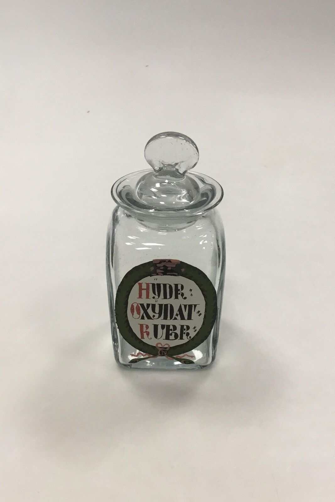 Holmegaard pharmacy jar with text HYDR OXYDAT RUBR from 1978