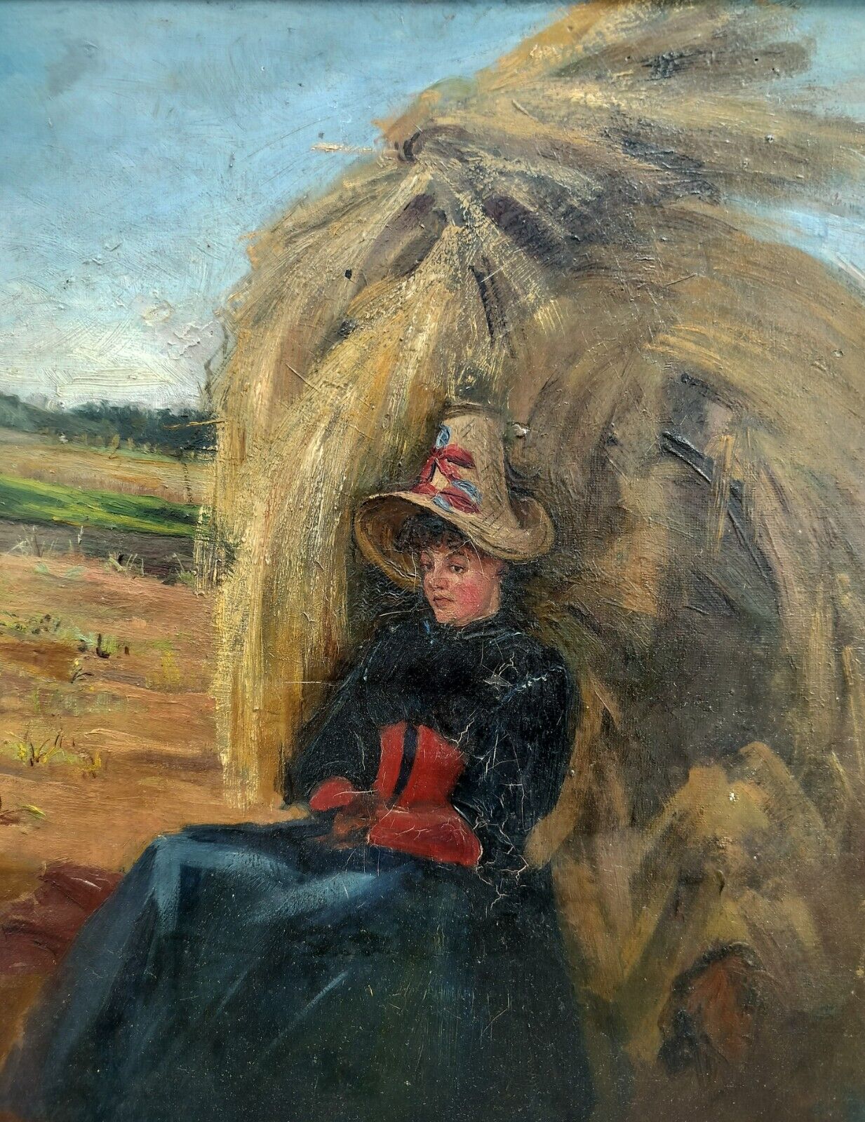 YOUNG WOMAN RESTING IN A FIELD Antique!